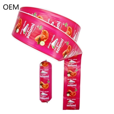 Envolvimentos de salsichas de plástico Embalagens de salsichas de qualidade alimentar Envolvimentos de salsichas Flexografia personalizada Impressão do logotipo da marca