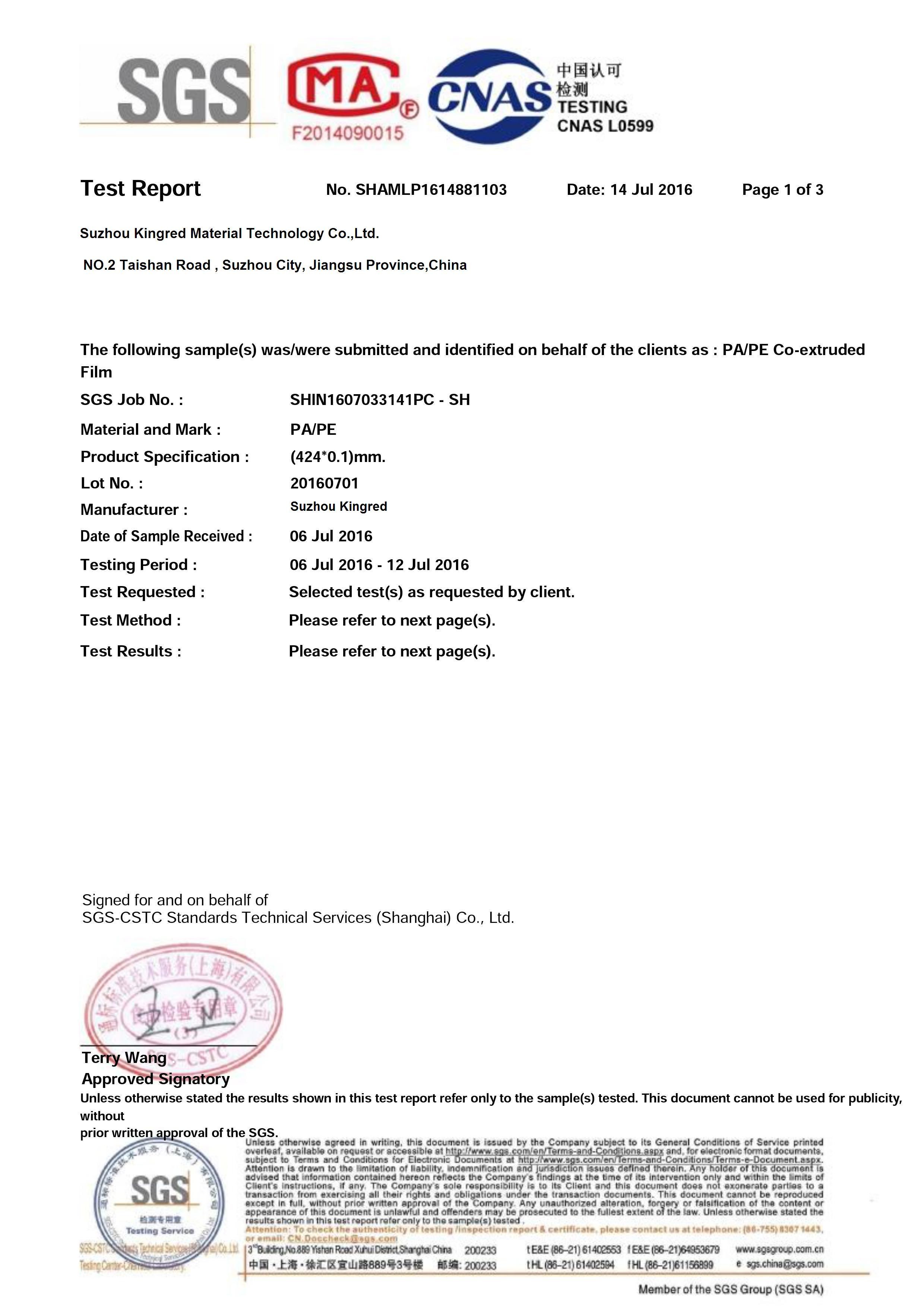 China Suzhou Kingred Material Technology Co.,Ltd. Certificações